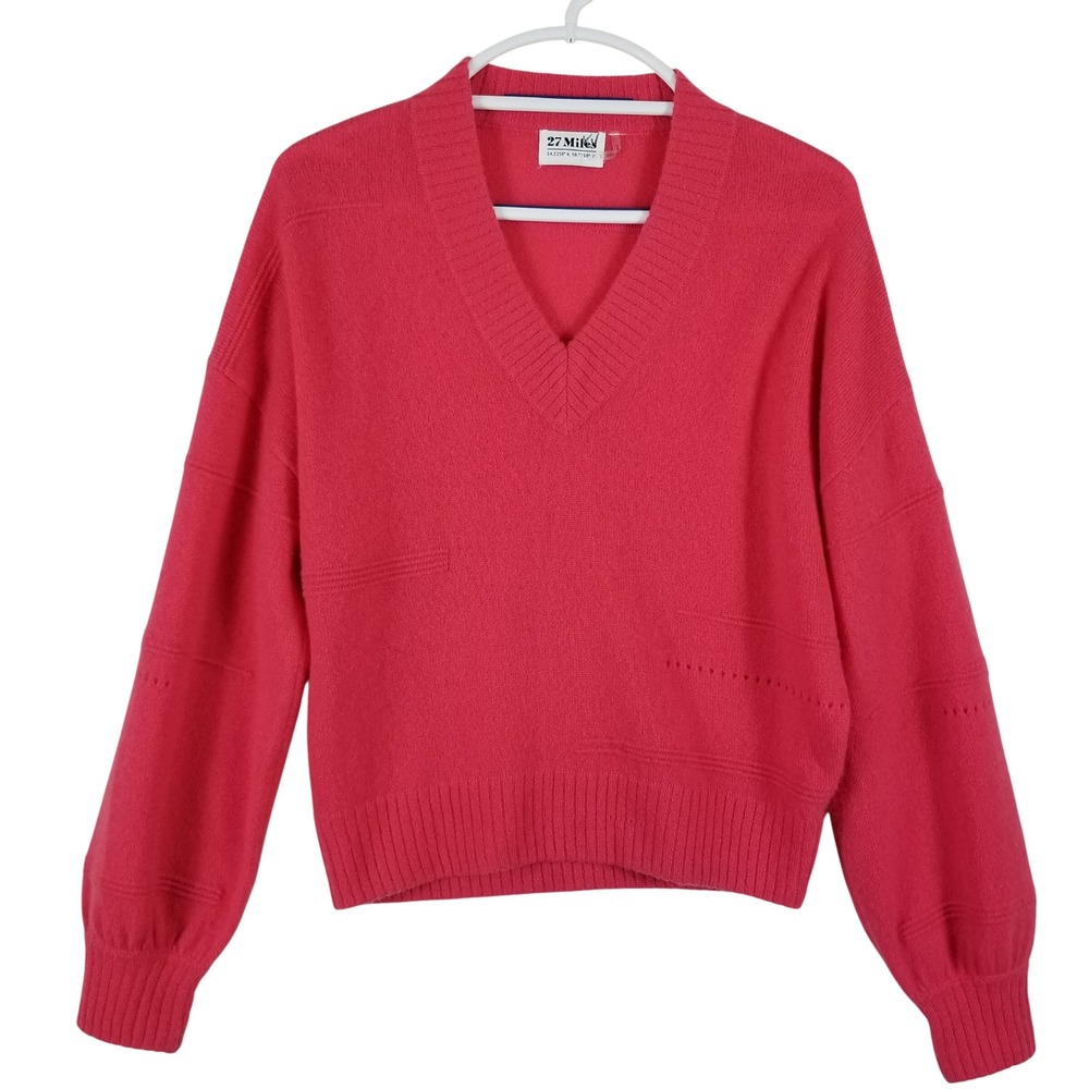 27 Miles Malibu Cashmere V-Neck Sweater Pink Puff Sleeve Pointelle XS‎ m#139167